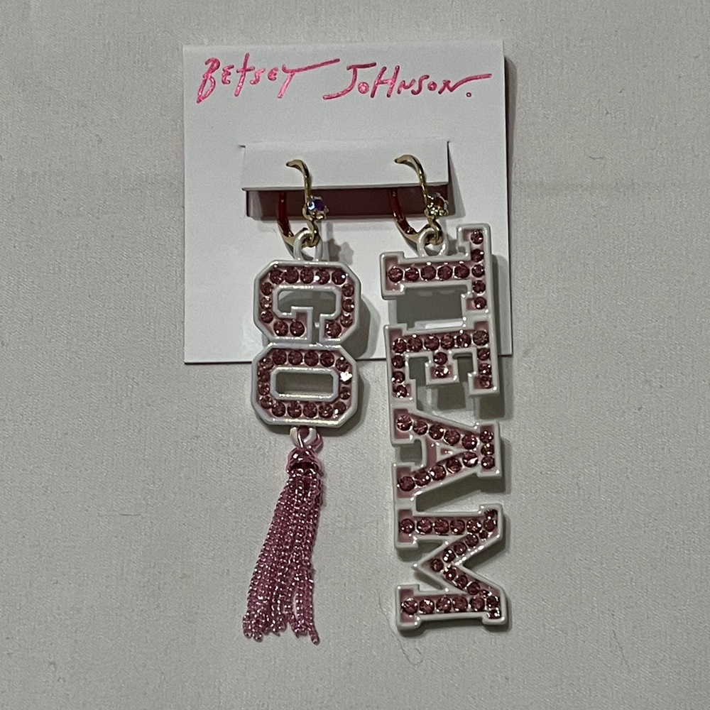 Betsey Johnson Pink Crystal GO TEAM drop Earrings NWT